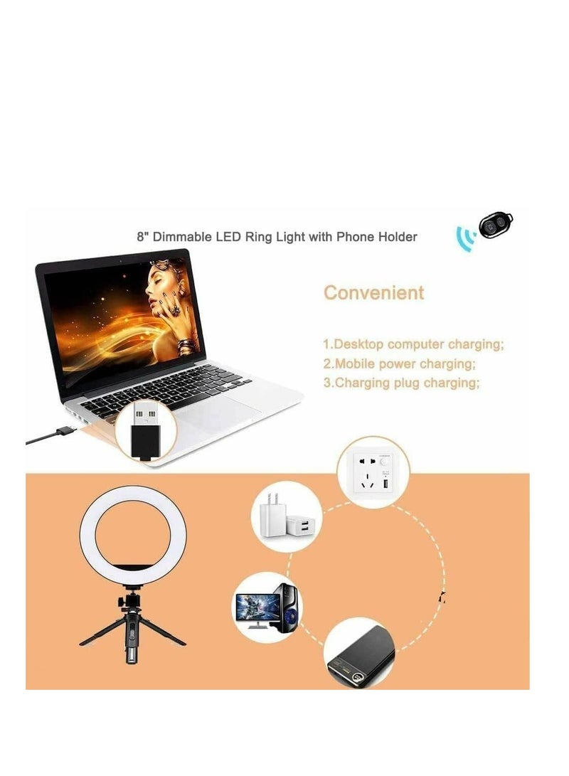 Zikra 8" LED Selfie Live Streaming Ring Light with Tripod Stand, 800 lumen Desk Makeup Light with Cell Phone Holder USB Circle Light for YouTube Video Photography - Image 4
