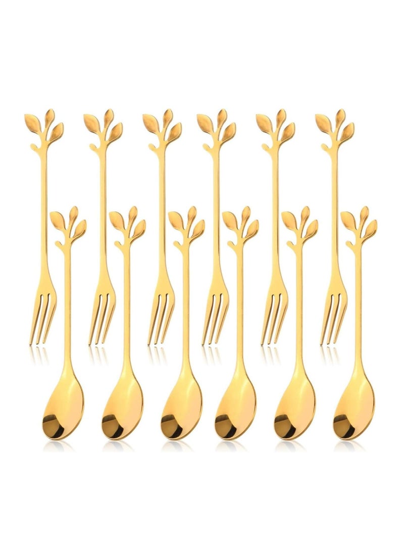 أوزيغالور 12 قطعة مجموعة صيدلية وأكواب القهوة الذهبية الأوراق الفولاذ المقاوم للصدأ (6 ملعق + 6 ملعق) للحلوى، الشاي - Image 1