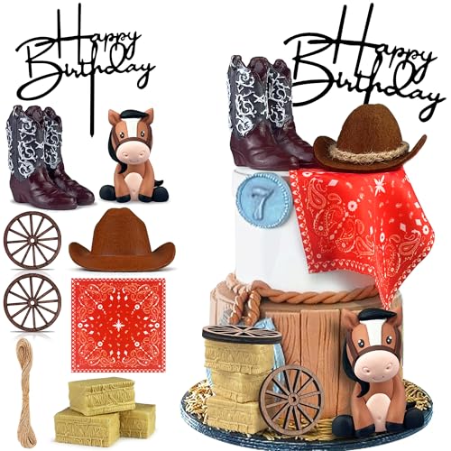 KEEPARTY Cowboy Cake Decorations Cowboy Hat and Boot Cake Toppers Western Cowboy Cowgirl Birthday Baby Shower for Western Theme Party Favors Supplies Brown - Image 1