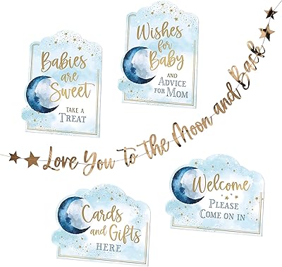 Lillian Rose Lillian Rose "Love You to The Moon and Back" Baby Shower Decoration Signs and Bunting,Blue  - Image 1