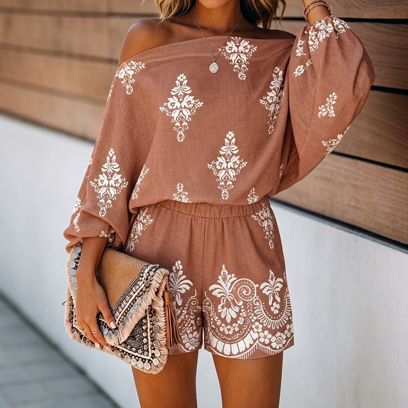 2026 New Style Off-Shoulder Printed Two-Piece Set for Women - Summer Casual Loose Shorts