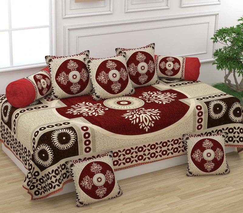 SAWNA HOMES Printed Chenille Velvet Diwan Set – 8 Pieces (1 Single Bedsheet, 5 Cushion Covers, 2 Bolster Covers), Printed Velvet Fabric Cover Set Soft for Living Room & Bedroom (8 Pieces, Maroon) - Image 1