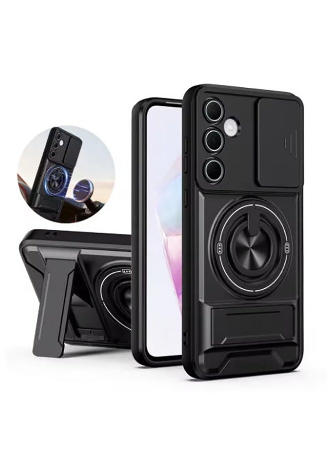 QIRG Compatible with Samsung Galaxy A57 Magnetic Car Mount Camera Slide Window Shockproof Case [PC+TPU] Ring Stand Protective Case Black - Image 1