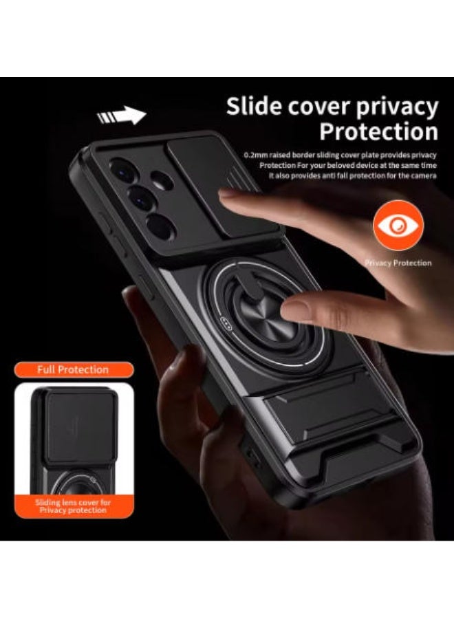 QIRG Compatible with Samsung Galaxy A57 Magnetic Car Mount Camera Slide Window Shockproof Case [PC+TPU] Ring Stand Protective Case Black - Image 3