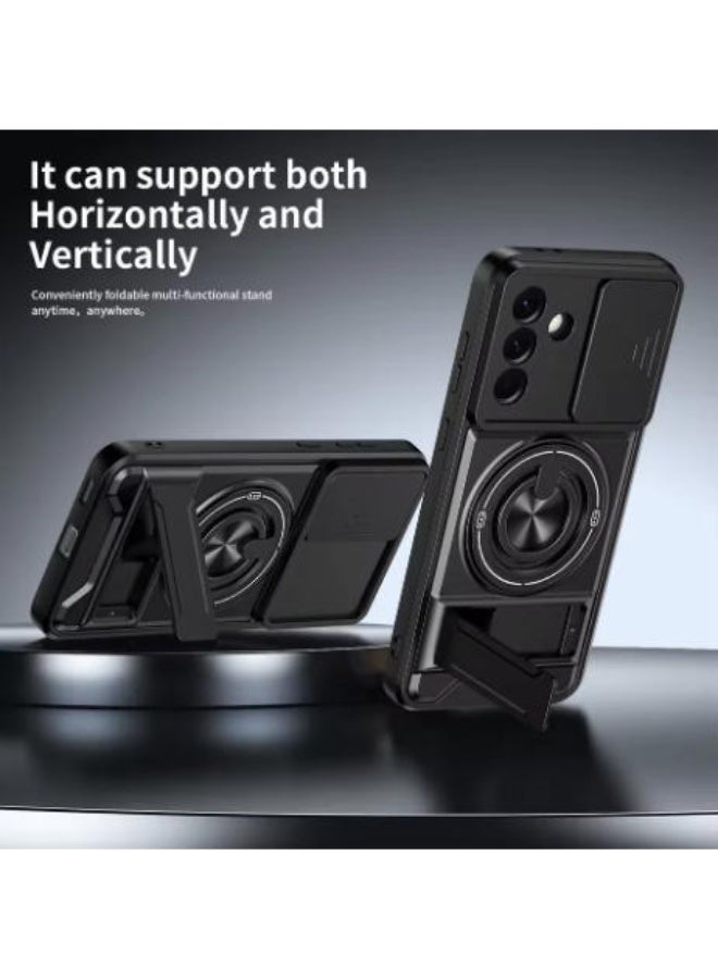 QIRG Compatible with Samsung Galaxy A57 Magnetic Car Mount Camera Slide Window Shockproof Case [PC+TPU] Ring Stand Protective Case Black - Image 4
