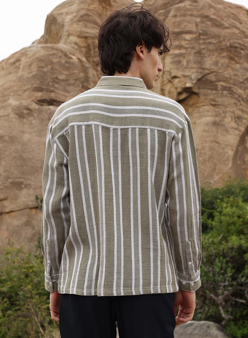 Campus Sutra Utility Halo-Stripe Oversized Shirt