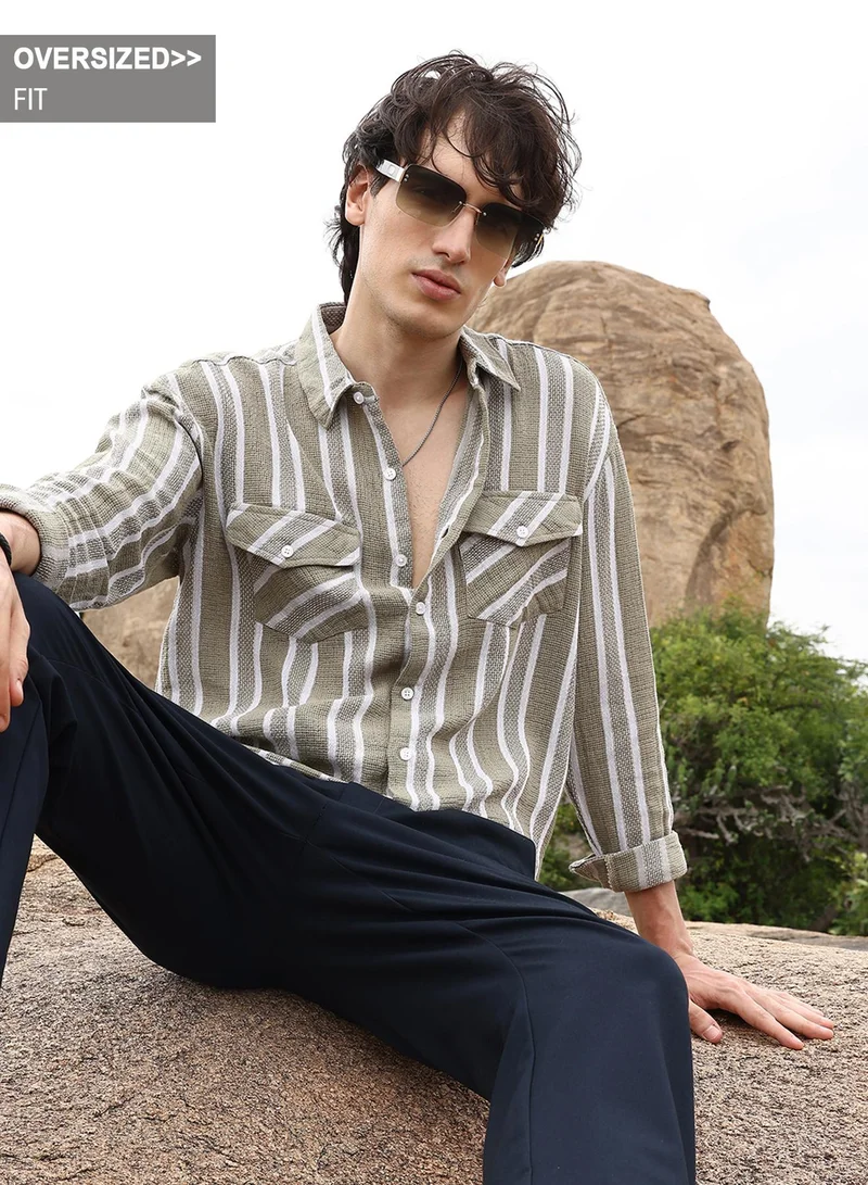 Campus Sutra Campus Sutra Men's Brown & Off-White Utility Halo-Stripe Oversized Shirt For Casual Wear | Spread Collar | Long Sleeve | Button Closure | Oversized Shirt Crafted With Comfort Fit For Everyday Wear