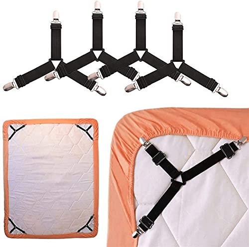 tgopit 4 PCS Triangle Bed Sheet Fasteners with Heavy Duty Grippers Clips, Adjustable Elastic Bed Sheet Holder/Straps, Black, Medium Size - Image 1