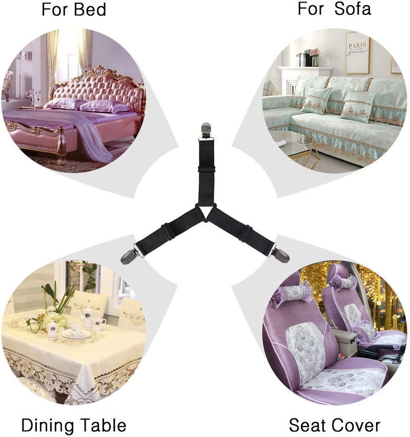 tgopit 4 PCS Triangle Bed Sheet Fasteners with Heavy Duty Grippers Clips, Adjustable Elastic Bed Sheet Holder/Straps, Black, Medium Size - Image 4