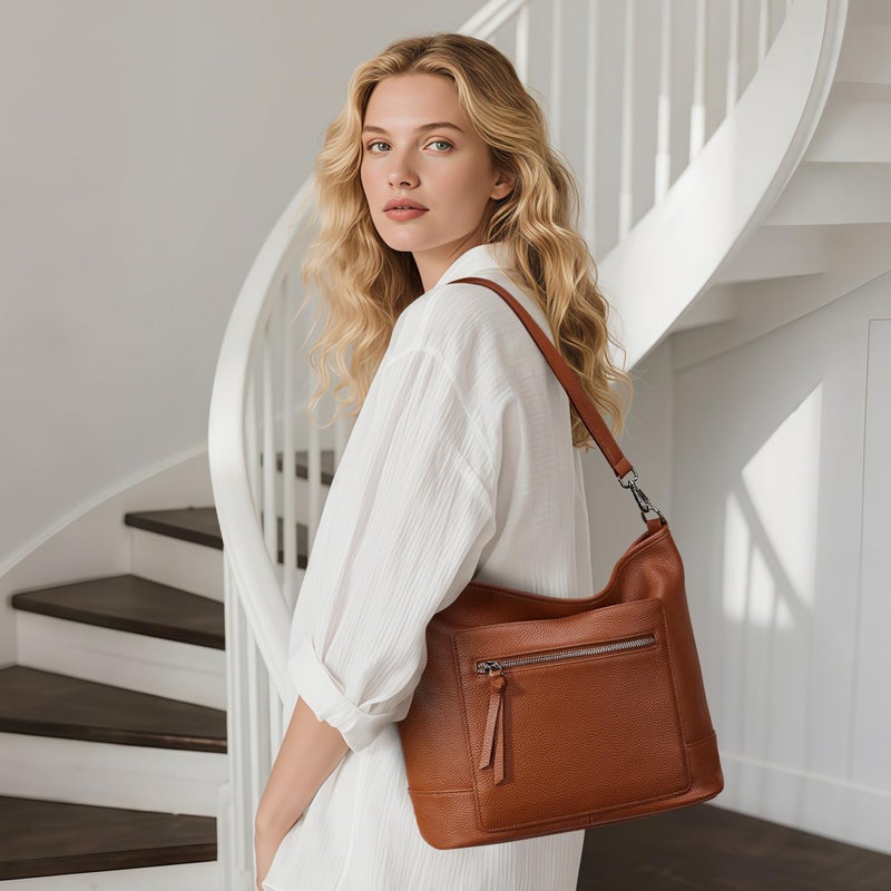 befen Real Leather Crossbody Bucket Bags for Women, Women's Lightweight Cross Over Shoulder Purses with Multiple Compartments Brown Large Leather Bag - Image 2