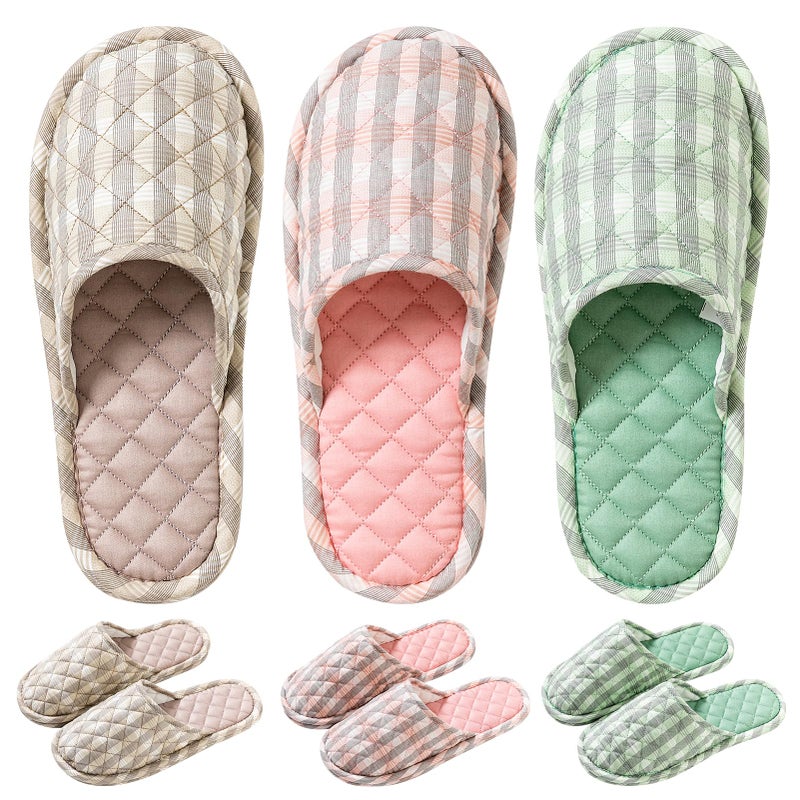 biroris 3 Pairs Women's Indoor House Slippers, Floral Cotton Closed Toe, Comfortable Washable Portable Foldable, for Guest Travel Hotel Airplane Spa - Image 1