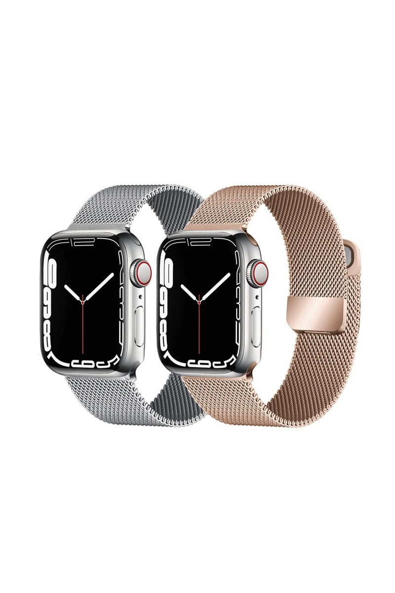2pcs Stainless Steel Metal Strap Compatible with Apple Watch Band 42mm Series 10  rose gold and Silver