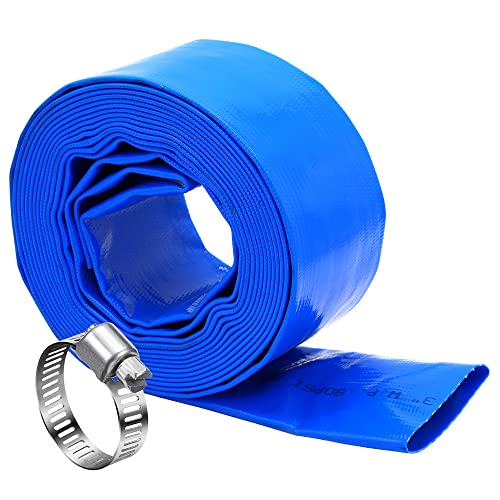 DAVCO 3" x 50 ft Pool Backwash Hose, Heavy Duty Reinforced Blue PVC Lay Flat Water Discharge Pump Hoses For Swimming Drain Pools and Clean Filters,with 1 Clamp - Image 1