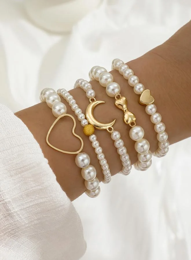 Take Two Take Two Set of 5 - Faux Pearl Heart Decor Bracelets