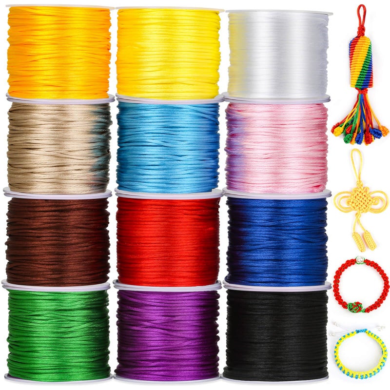 Cridoz 12 Rolls Nylon String for Bracelets, Satin Rattail Silk Cord Silky Beading String for Kumihimo, Braided Bracelets, Pendants Necklace, Macrame Craft, Keychains Lanyards, Jewelry Making - Image 1