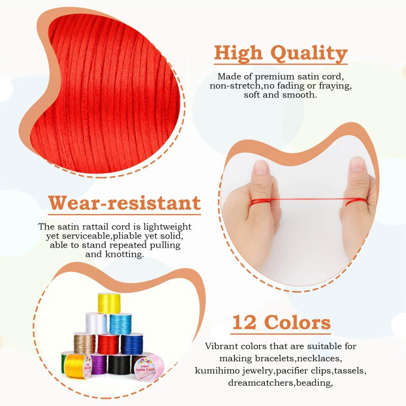 Cridoz 12 Rolls Nylon String for Bracelets, Satin Rattail Silk Cord Silky Beading String for Kumihimo, Braided Bracelets, Pendants Necklace, Macrame Craft, Keychains Lanyards, Jewelry Making - Image 5
