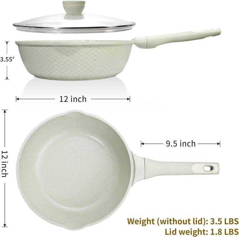 Xuanying 12 Inch Nonstick Saute Pan with Lid - 5.5Qt Large Deep Frying Skillet, PFOA/PFAS Free & Dishwasher Safe, All Stovetop Compatible Including Induction - Image 2