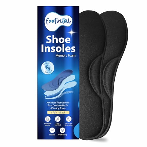 Footvital Memory Foam Shoe Insoles for Men and Women | Soft Cushioned Inserts for Long Standing and Walking | Supports Heel and Arch | Shock Absorbing | Moisture Absorbing | Lightweight Washable Insoles for All Shoes | 2 Pairs | Black | Size 8 - Image 1