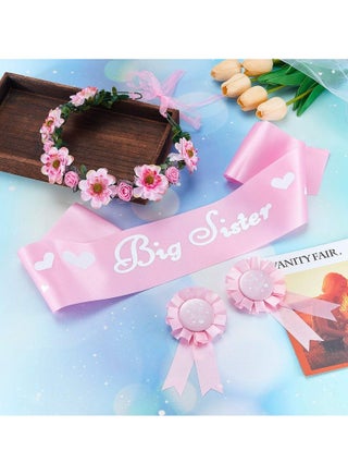 2 Pieces Big Sister Accessory Set, Include Big Sister Satin Sash And Badge Pin for Baby Shower Baby Gender Reveal Big Sister to be Party (Pink) - view 5