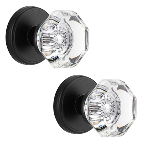 CLCTK Crystal Glass Dummy Round Door Knob Bifold Closet Dummy Door Handles Octagon NonTurning Single Side Matte Black 2 Pack - Image 1