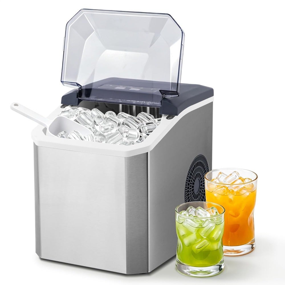 Portable countertop ice maker for indoor outdoor use, stainless steel body, silver color, adjustable 5 ice sizes, 9 cubes in 6 min, 1.3L tank, self-cleaning function with scoop basket