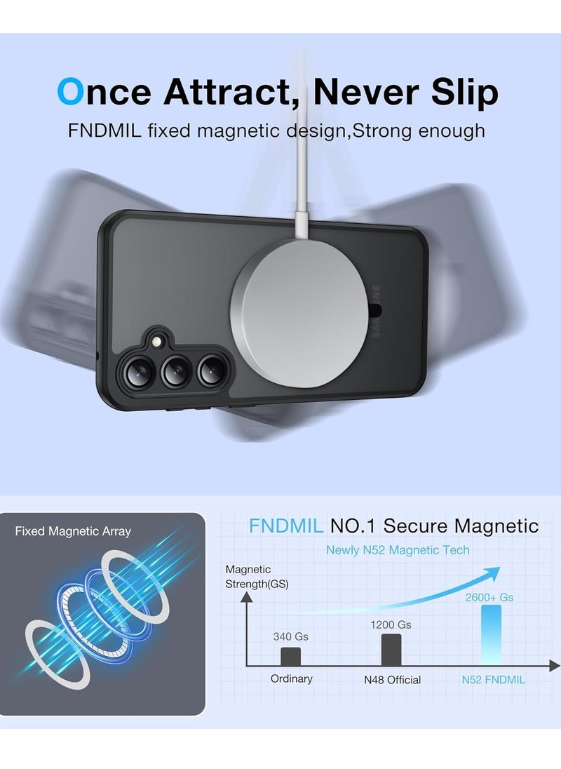 حافظة مغناطيسية لهاتف سامسونج جالاكسي S24 FE [متوافقة مع MagSafe] حافظة هاتف مقاومة للصدمات مع ظهر صلب شفاف غير لامع ومصد أسود ناعم، غطاء مقاوم للسقوط
