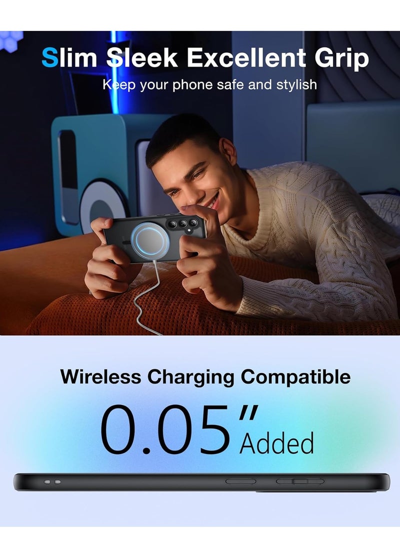 حافظة مغناطيسية لهاتف سامسونج جالاكسي S24 FE [متوافقة مع MagSafe] حافظة هاتف مقاومة للصدمات مع ظهر صلب شفاف غير لامع ومصد أسود ناعم، غطاء مقاوم للسقوط