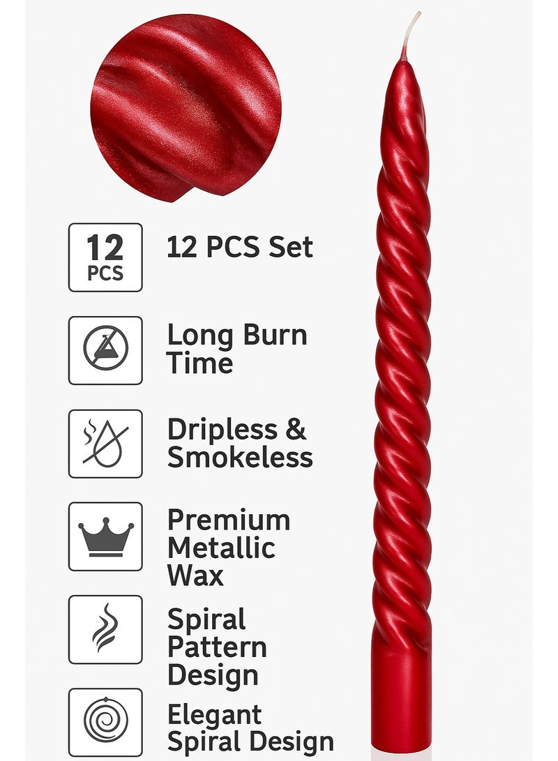 Home Care 12 قطعة شموع حمراء معدنية ملتوية أنيقة طويلة للزفاف، العشاء، عيد الميلاد وزينة المنزل - Image 5