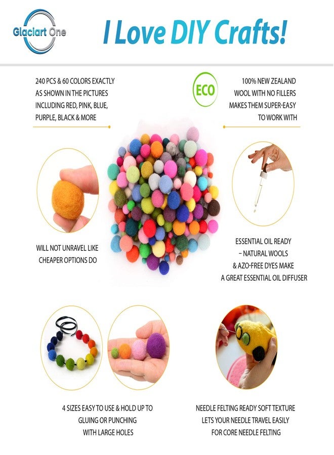 Glaciart One Felted Pom Poms, Wool Balls (240 Pcs) 4 Sizes: 1 cm, 1.5 cm, 2 cm & 2.5 cm, Handmade Felted 60 Color (Red, Pink, Blue, Yellow, Black, Pastel & More), Bulk Small Puff for Felting & Garland - Image 2