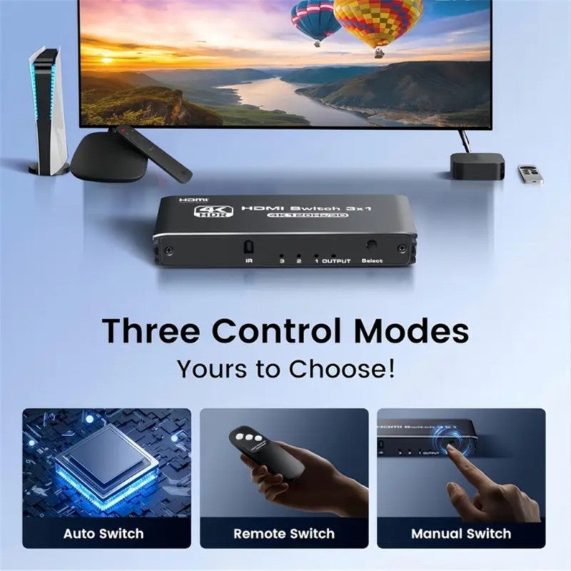 مُبدّل HDMI 4K 120Hz 3 مداخل و1 مخرج بسرعة 48Gbps - مُبدّل HDMI بتبديل تلقائي للمصدر مع جهاز تحكم عن بُعد متوافق مع PS5 وXbox والمسرح المنزلي - Image 5