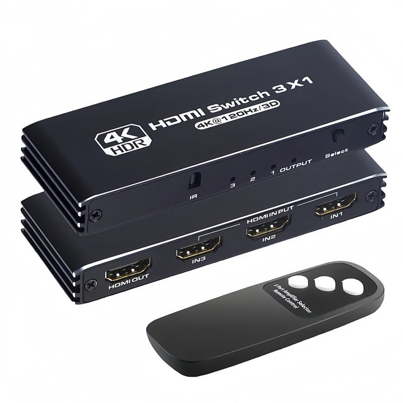 مُبدّل HDMI 4K 120Hz 3 مداخل و1 مخرج بسرعة 48Gbps - مُبدّل HDMI بتبديل تلقائي للمصدر مع جهاز تحكم عن بُعد متوافق مع PS5 وXbox والمسرح المنزلي - Image 1