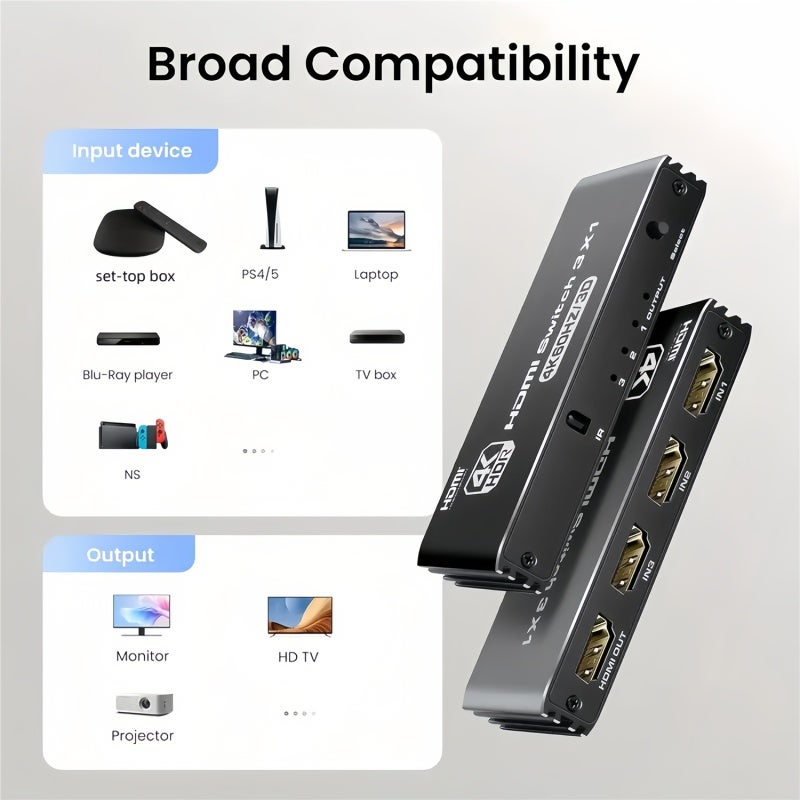 مُبدّل HDMI 4K 120Hz 3 مداخل و1 مخرج بسرعة 48Gbps - مُبدّل HDMI بتبديل تلقائي للمصدر مع جهاز تحكم عن بُعد متوافق مع PS5 وXbox والمسرح المنزلي - Image 2