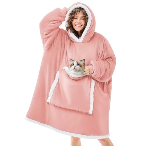 JOYWOO Pink Wearable Blanket Hoodie,Oversized Cat Lovers Sweatshirt Blanket for Adult, Birthday Gifts for Women,Mom,Men,Cozy Sherpa Hooded Blanket with Giant Pocket Winter Gifts,Mellow Rose Standard - Image 1