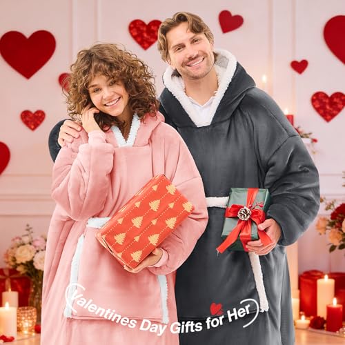 JOYWOO Pink Wearable Blanket Hoodie,Oversized Cat Lovers Sweatshirt Blanket for Adult, Birthday Gifts for Women,Mom,Men,Cozy Sherpa Hooded Blanket with Giant Pocket Winter Gifts,Mellow Rose Standard - Image 2