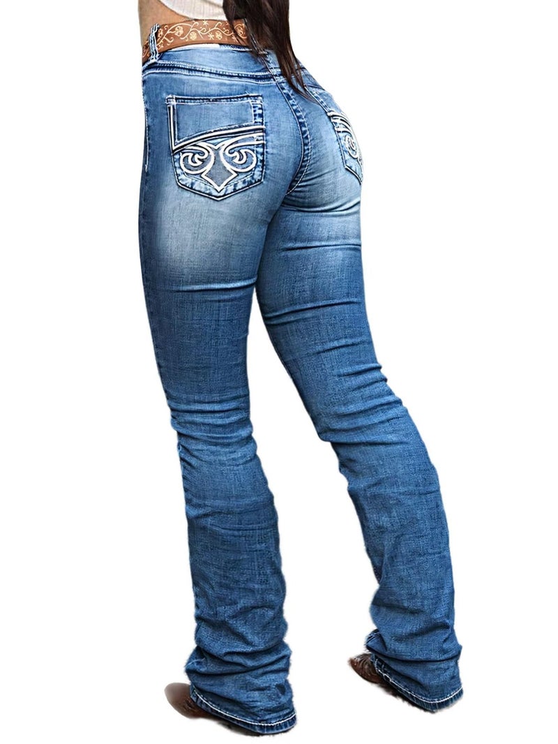 Flamingals Boot Cut Jeans for Women Trendy Stretch Jeans Butt Lifting Tummy Control Denim Pants Mid Blue Wash - 2XL - Image 2