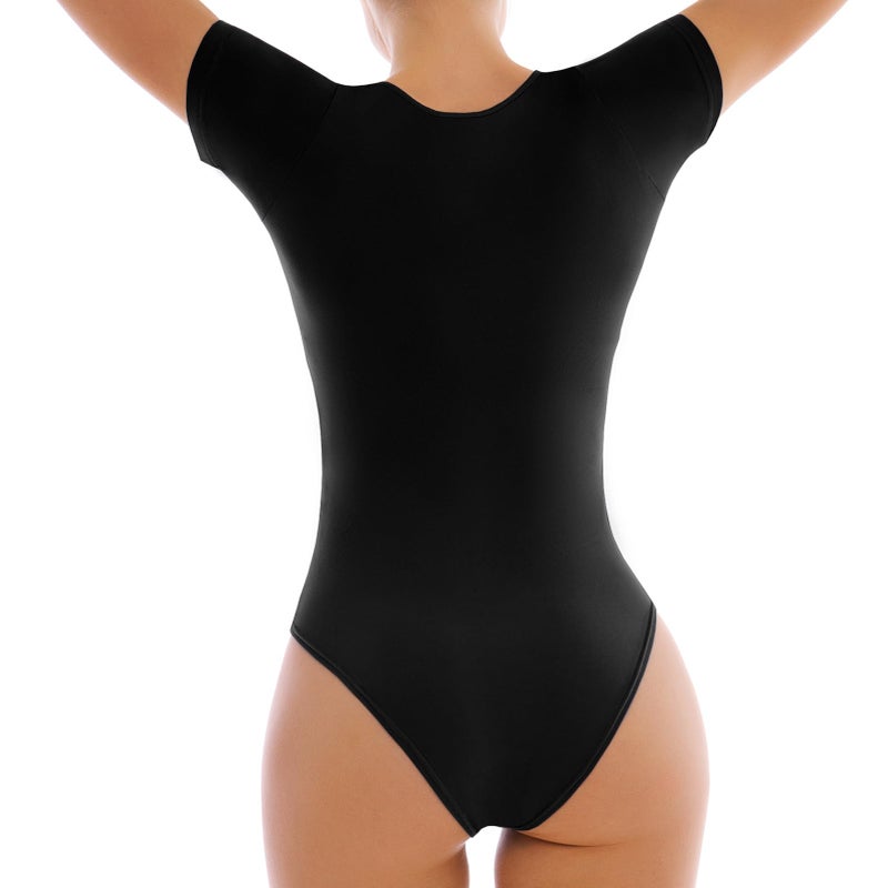 Walifrey Short Sleeve Bodysuits for Women Round Neck Basic Stretchy T Shirts Bodysuits Tops Black XL - Image 3
