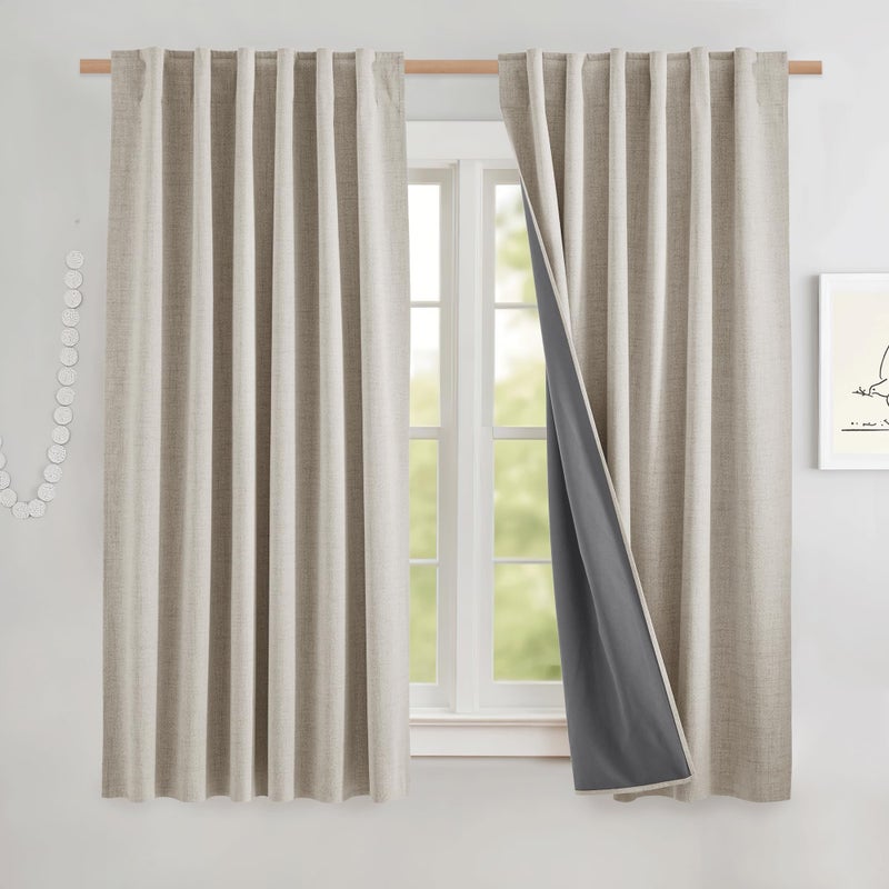 NICETOWN NICETOWN Natural Linen Complete Blackout Curtains 48 inches Thermal Insulated  Noise Reducing Window Draperies with Grey Liner Noise Reducing Short Drapes for Kids Room 52 W by 48 L 2 Panels
