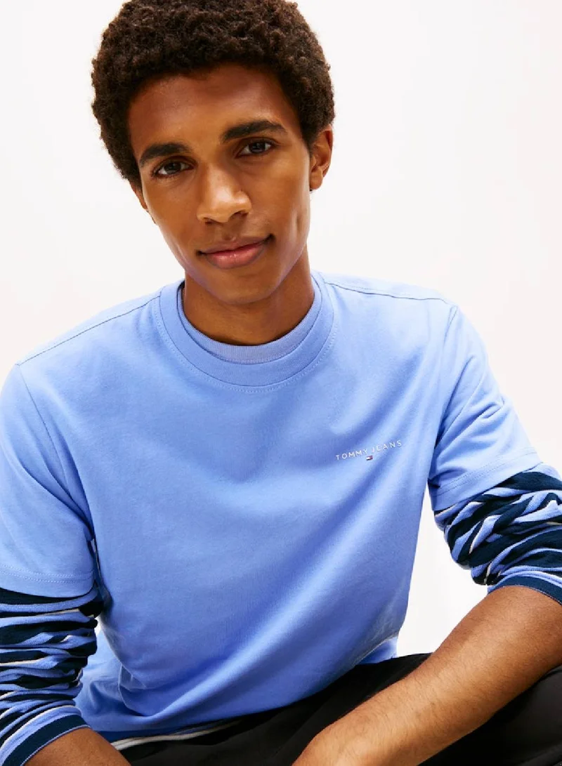 TOMMY JEANS Light Horizon Blue Linear Logo Slim Crew Neck T-Shirt for Men | Best Price UAE
