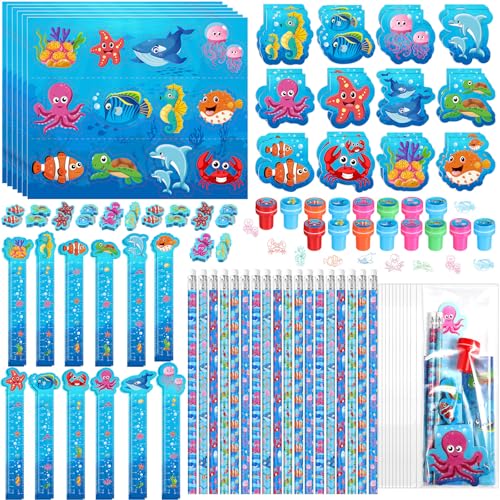 PerKoop 168 Pcs Under The Sea Stationery Ocean Themed Goodie Bag Stuffers Party Supplies with Mini Ocean Notebook Pencil Sticker Stationery Gift Set for Sea Animals Prizes Rewards Piata Fillers - Image 1