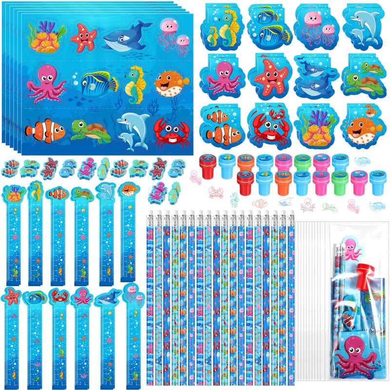 PerKoop 168 Pcs Under The Sea Stationery Ocean Themed Goodie Bag Stuffers Party Supplies with Mini Ocean Notebook Pencil Sticker Stationery Gift Set for Sea Animals Prizes Rewards Piata Fillers - Image 2