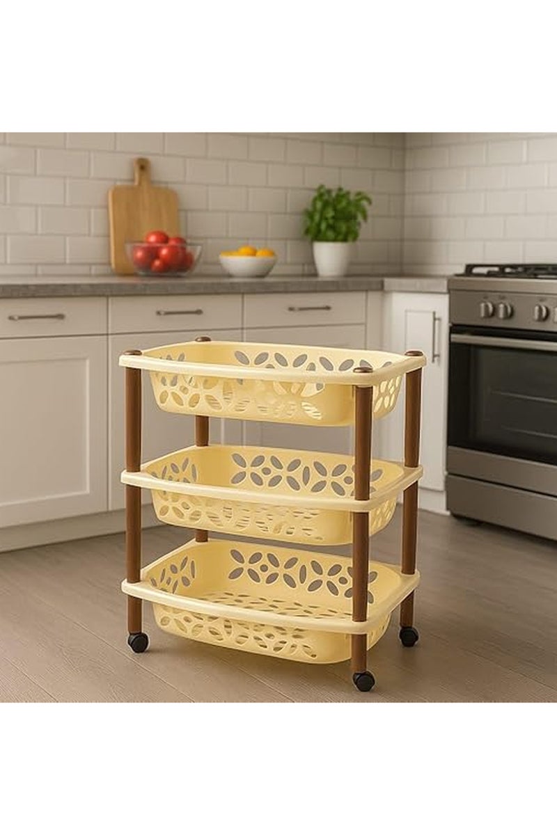 Master Gold 3-Tier Plastic Storage Basket with Wheels | Plastic Rectangle Kitchen Shelves | Multi-Use Kitchen Shelves | Lightweight Easy to Move Vegetable Onion Basket 50x35.5x58.5cm (Beige) - Image 2