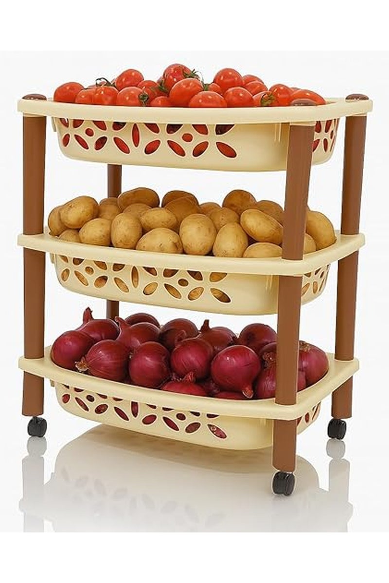 Master Gold 3-Tier Plastic Storage Basket with Wheels | Plastic Rectangle Kitchen Shelves | Multi-Use Kitchen Shelves | Lightweight Easy to Move Vegetable Onion Basket 50x35.5x58.5cm (Beige) - Image 4