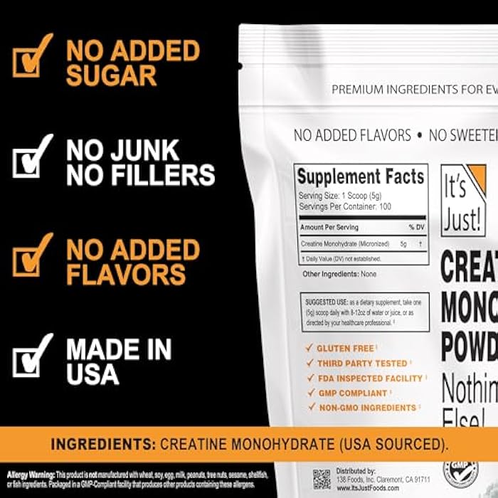It's Just! - Creatine Monohydrate Powder, Pure Creatine Powder, Made in USA, 3rd Party Lab Tested, 5g Per Serving, Scoop Included, No Fillers, No Added Flavor (Unflavored, 500g / 100 Servings) - Image 2