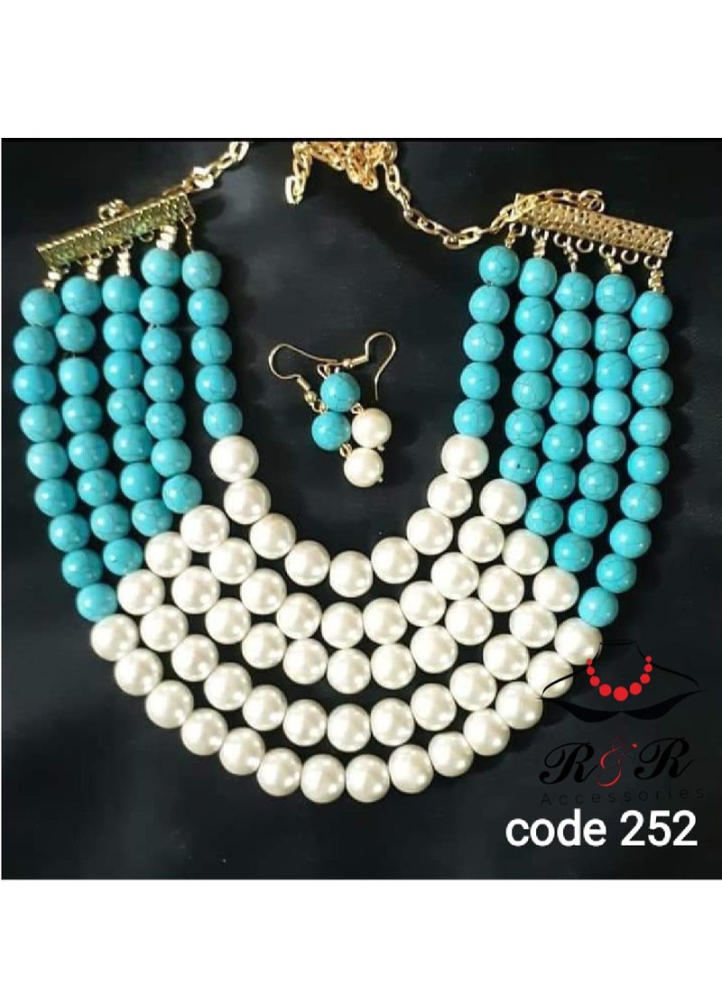 R&R Multi-layered women's necklace made of natural turquoise and white Mallorca pearls 