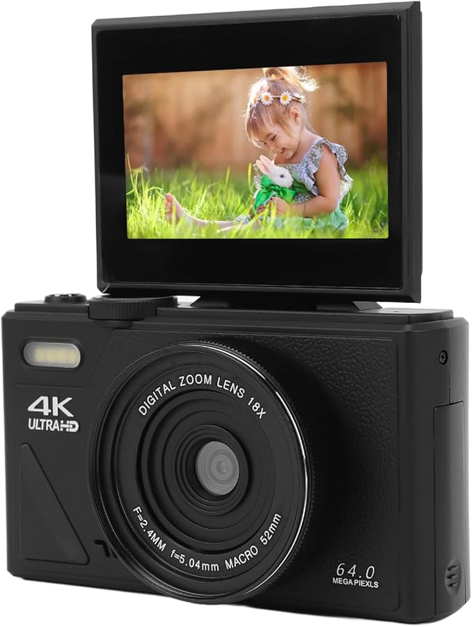 Asixxsix كاميرا فلوجينغ 4K بدقة 64 ميجابكسل بشاشة قابلة للطي، تكبير 18X، مقاومة للاهتزاز، تركيز تلقائي، أسود - Image 1