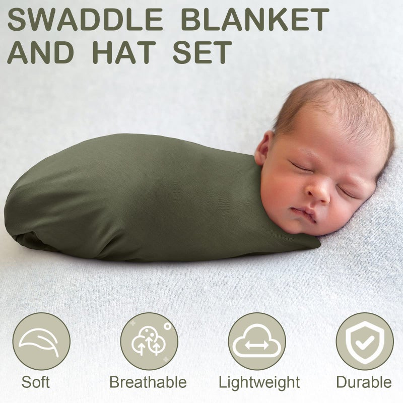 JaGely 2 Pack Baby Newborn Swaddle Blanket and Hat Set 47" x 47" Large Stretchy Receiving Blankets Set for Newborn Baby(Blue, Army Green) - Image 4
