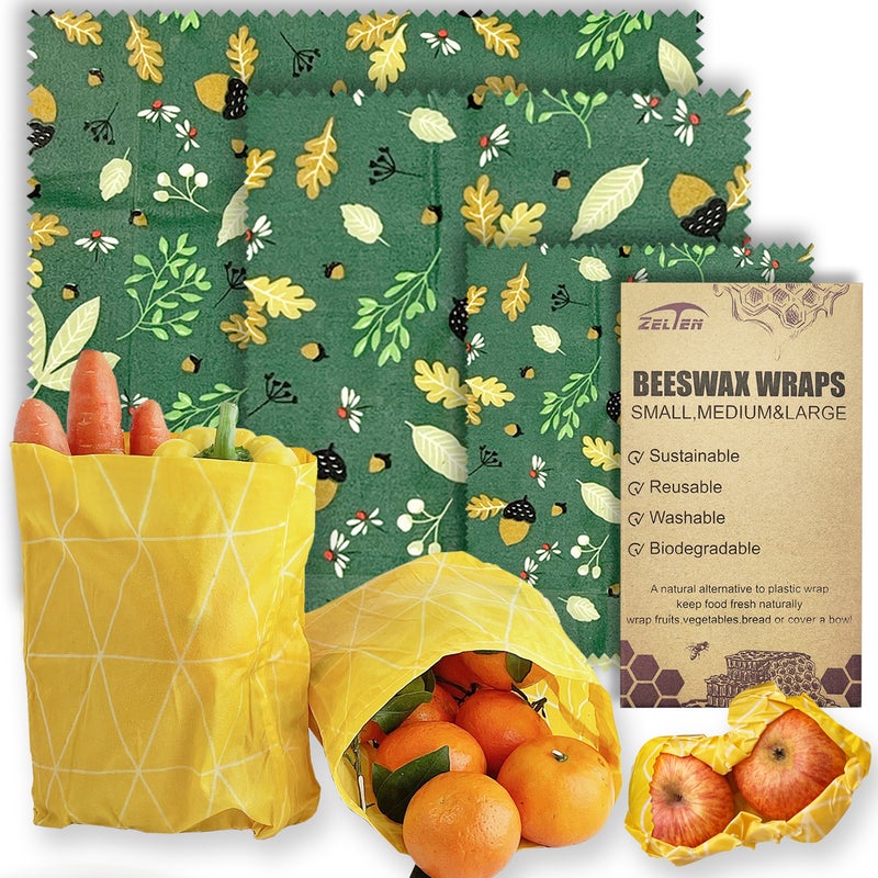 Zelten Beeswax Reusable Food Wraps - (3 Packs, 3 Sizes S,M,L) Plastic and Silicone Free, Eco-friendly Wrap, Wax Paper for Food,Acorn - Image 1
