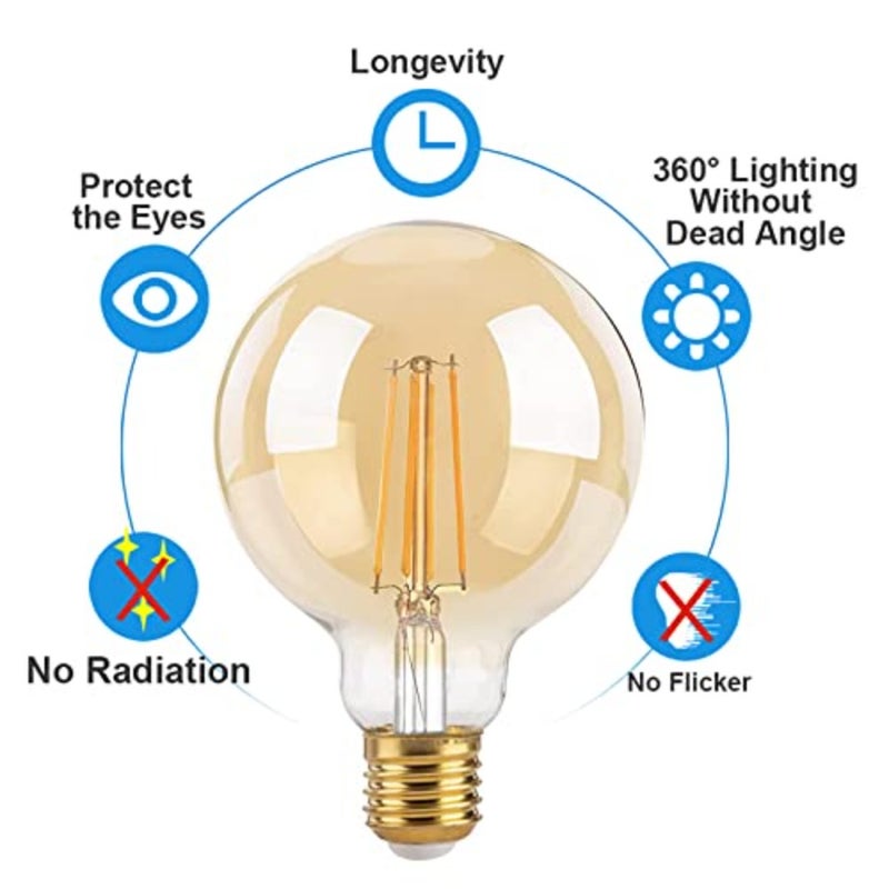 4W Edison Vintage Light Bulb, G95 E27 LED Filament Bulb, 40W Equivalent, 400LM, 2200K Warm White, Amber Glass, Non-Dimmable, Pack of 2 - Image 4