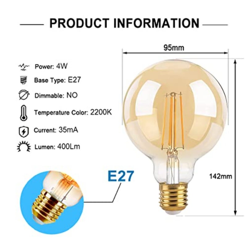 4W Edison Vintage Light Bulb, G95 E27 LED Filament Bulb, 40W Equivalent, 400LM, 2200K Warm White, Amber Glass, Non-Dimmable, Pack of 2 - Image 3