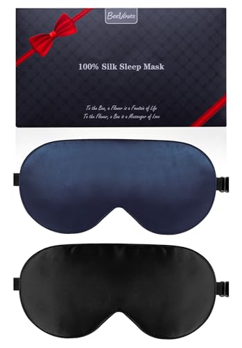 BeeVines Sleep Mask, 2 Pack 100% Real Natural Pure Silk Eye Masks with Adjustable Strap for Sleeping, Mulberry Silk Eye Sleep Shade Cover, Block Light Reduces Puffy Eyes Traveling Gifts(Black & Blue) - Image 1